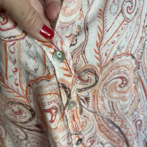 Rachel Zoe Linen Orange Paisley Blouse Tunic Size M V Neck European Flax Button - Picture 3 of 8